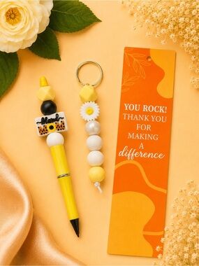 Yellow 'You Rock' Beaded Pen & Keychain Set - Stylish Home Office Gift